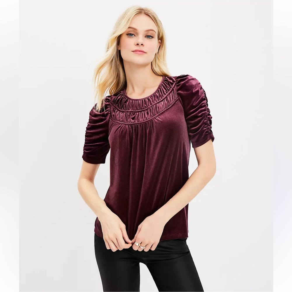 LOFT Rich Royal Purple Velvet Blouse Ruched Cinched Sleeve - Size L